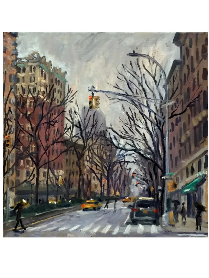 Original New York Cityscape - Winter Grey/Broadway/Upper West Side/NYC- 12x12 Oil on Canvas, Impressionist Landscape, Signed Original