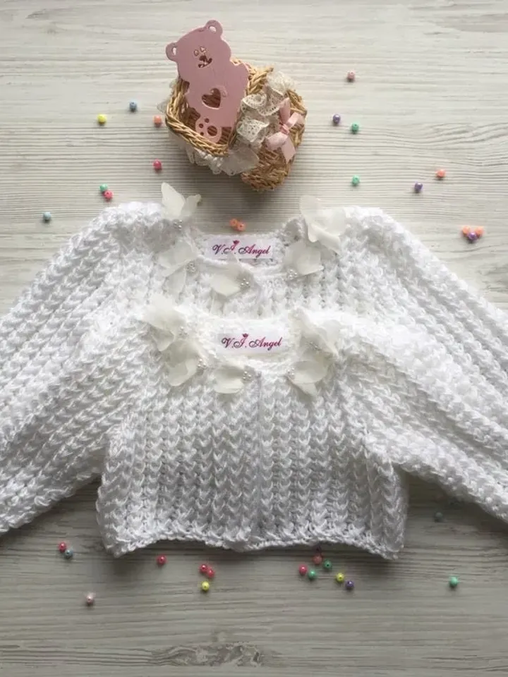 Knit jacket for baby girl. White knit jacket with 3d flowers for baby girl.
