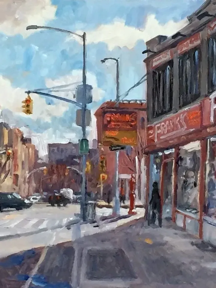 Bronx Cityscape Painting - Frank's Sporting Goods/NYC - 11x14 Oil on Panel, Plein Air Impressionism, Original New York City Landscape