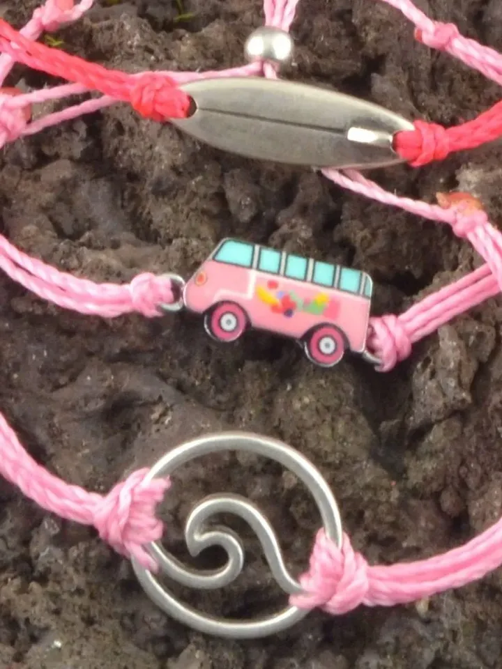 Set of Three Surfer Staking Bracelets, Pink Van WV Surf Board Wave Beach Jewelry, Bohemian Festival Summer Jewellery Minimal String Bracelet