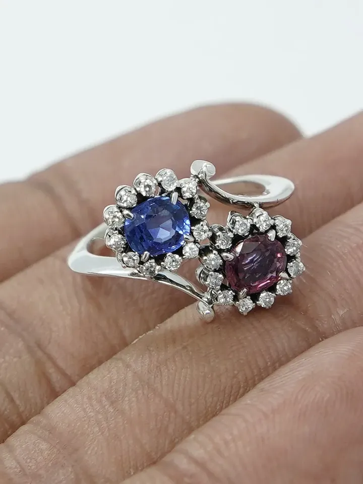 Natural Blue/Pink Sapphire Ring, 925 Sterling Silver Ring, Genuine Diamond Ring, Multi Stone Ring, Sapphire Jewelry, Engagement Ring