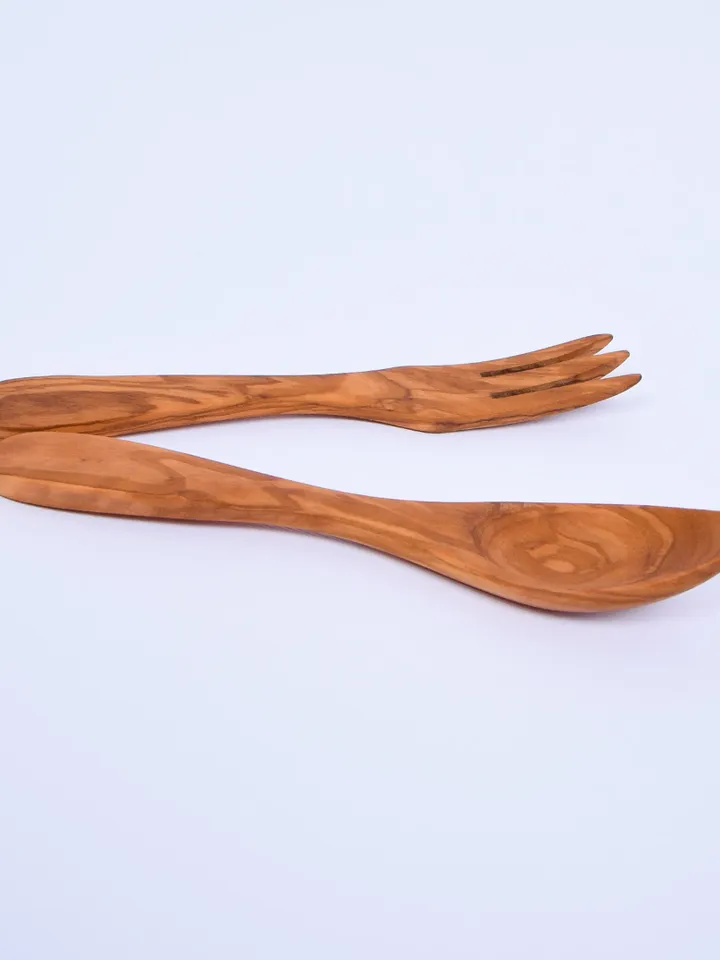 Salad Server Set (Fork + Spoon) - Made of Olive Wood - 17 cm / 6.69" - AKwood 100 percent bio products for kids and adults