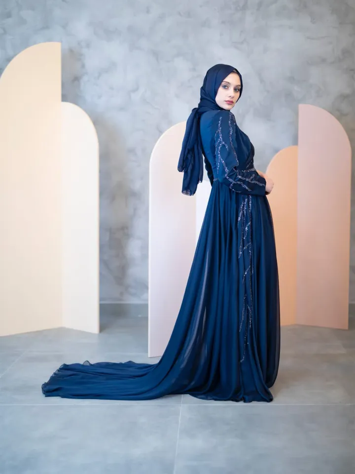 AHUNARE HIJAB - Şura Navy Blue Chiffon Wedding Dress, Muslim Evening Gown, Nikah, Islamic Wedding, Engagement, Bridesmaid,
