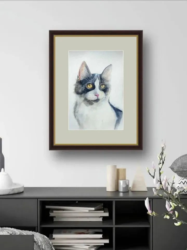 Cat painting white kitty artwork original watercolor art pet portrate white spotted cat