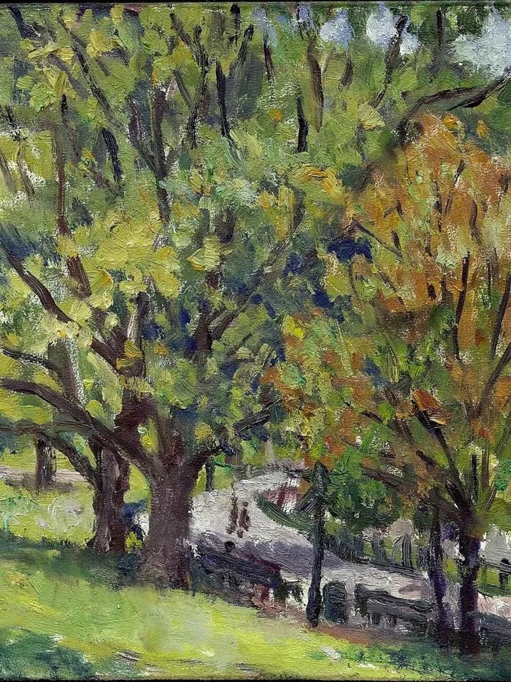 Small New York Park Landscape Painting - Inwood Hill/Autumn in NYC - 6x7 Oil on Panel, Plein Air Impressionist Fine Art, Signed Original
