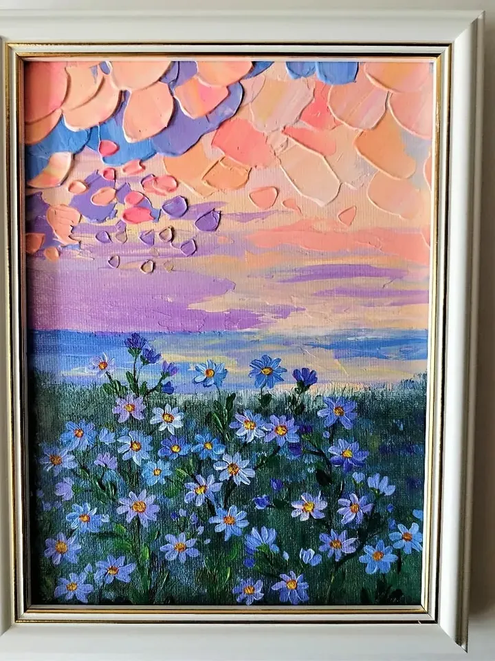 Acrylic Painting Sunset Landscape with Daisies Flower Artwork