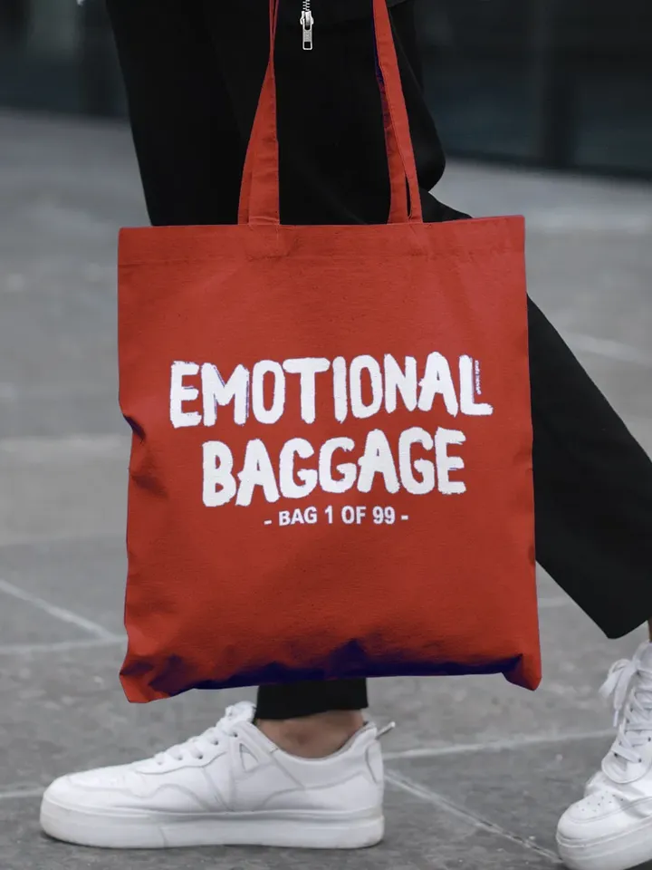 Emotional baggage tote bag in rust colour is a great emotional gift for her or him with a nice screenprinted quote