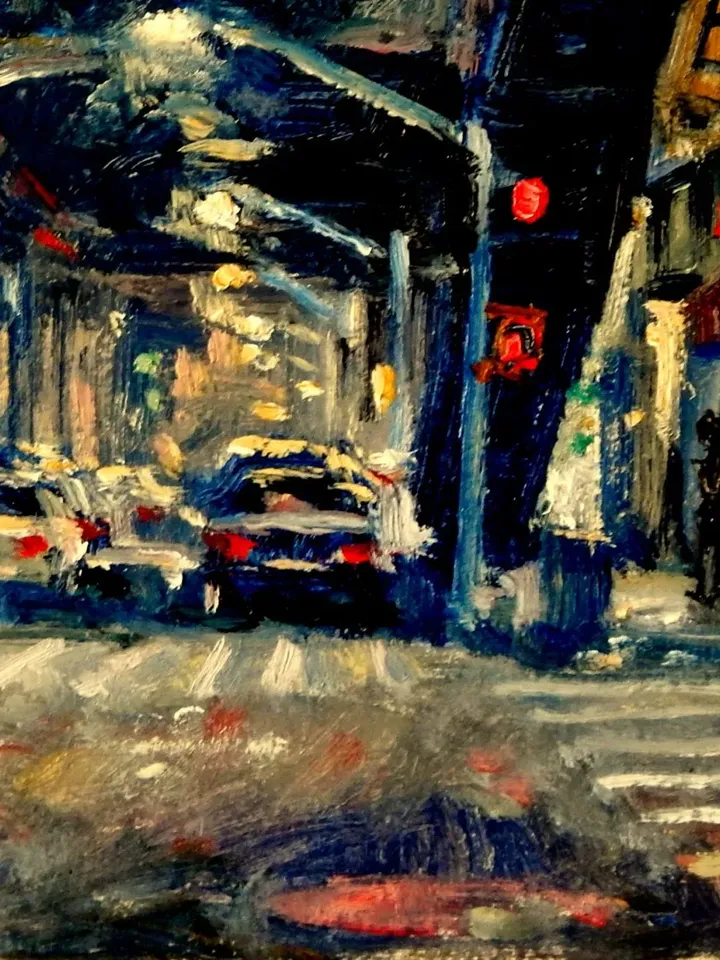 New York Nocturne Cityscape Painting - From 215th Street/NYC - 8x12 Oil on Panel, Impressionist Night Scene, Signed Original