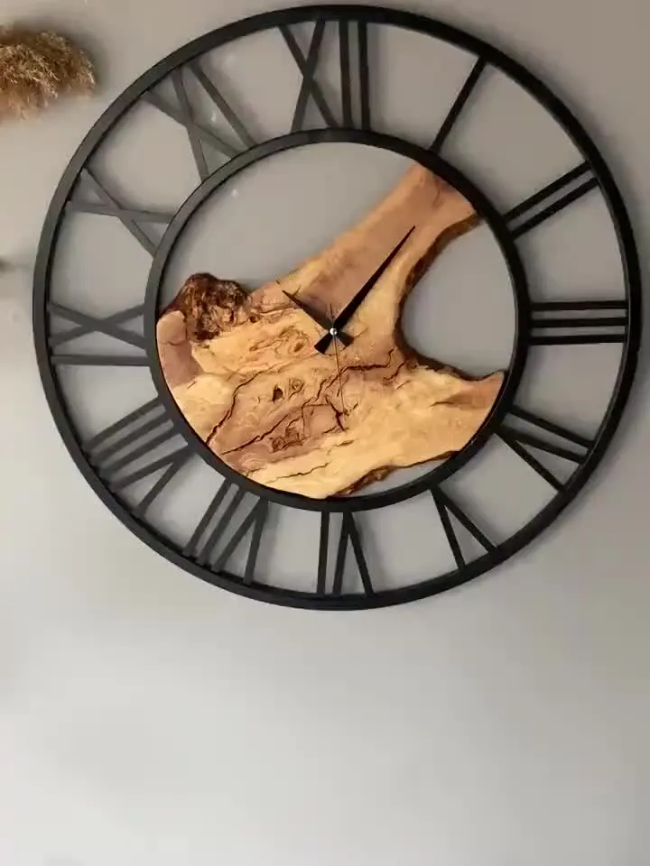 Metal&Olive Wood Wall Clock, 28"(70cm) Unique Wall Clock, Wooden Wall Clock, Live Edge Wall Clock, Farmhouse Clock