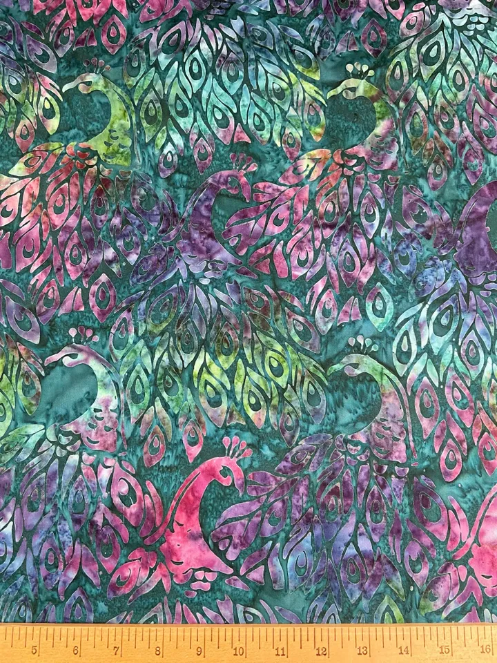 Peacock Motif Indonesian Batik Cotton Fabric Green Teal Purple Birds Pattern Fabric - Two Yards