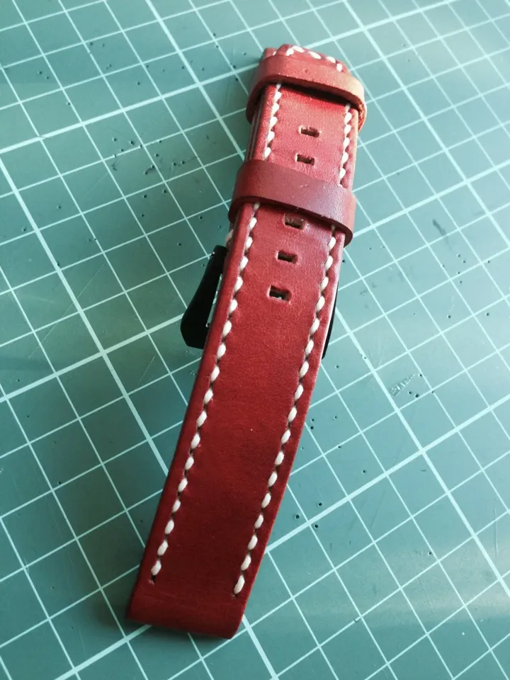 Handmade genuine Leather  Strap, Red Orange leather watch band, Cream white stitching and Black 20mm buckle watch strap for 20mm lug