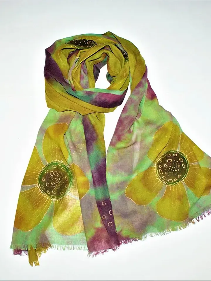 Green yellow cotton floral scarf Womens cotton long scarf Hand dyed scarf