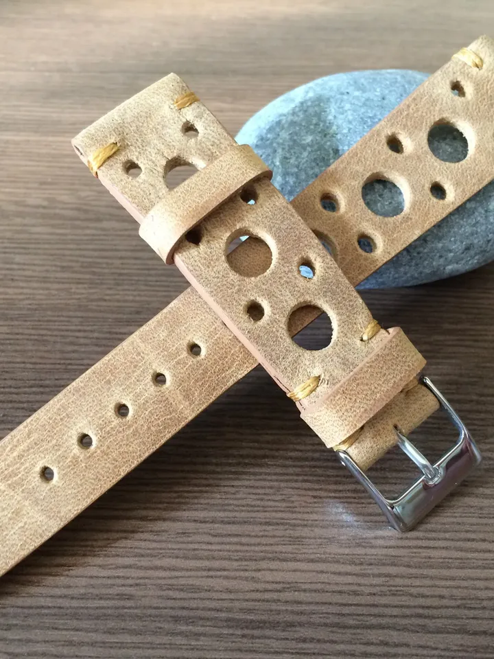 Rally Watch Band, Leather watch strap, Racing watch strap, Beige Leather watch band, 19mm watch band, 20mm watch strap, FREE SHIPPING