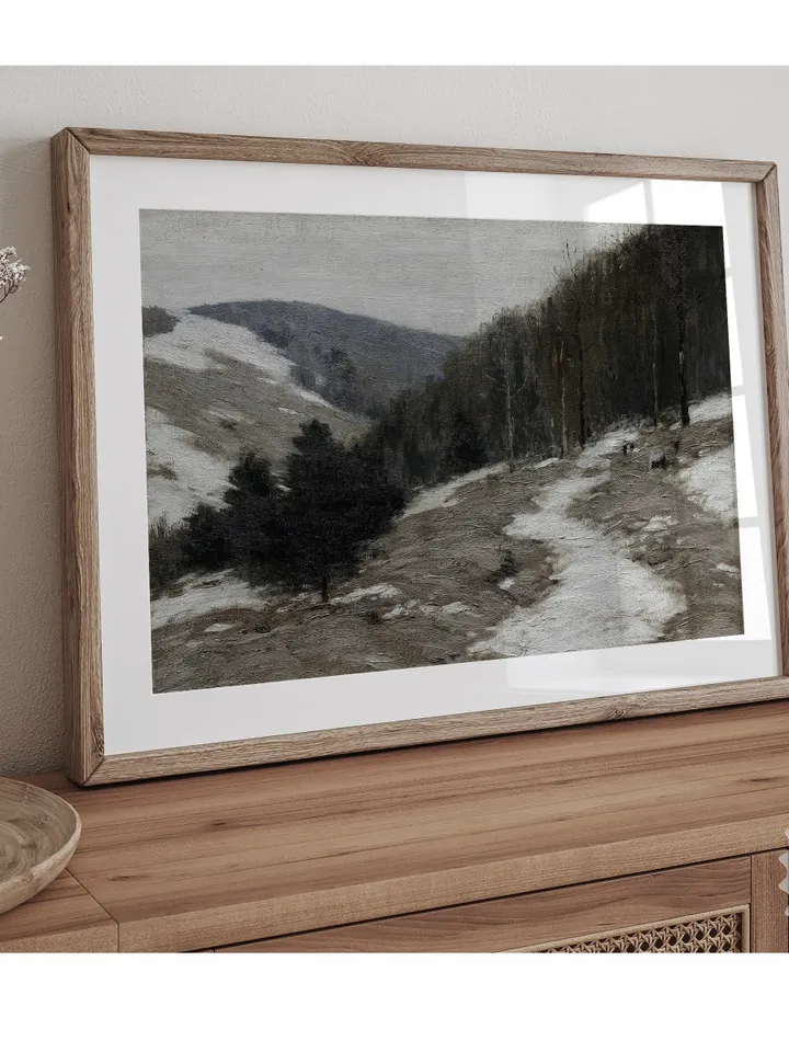 Vintage Winter Forest Landscape Painting, Printable Moody Green Country Scenery, Digital Download | 350