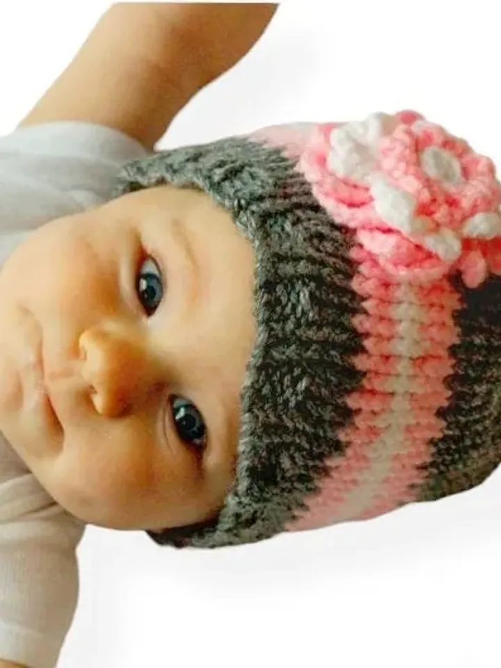 Little Girls Pink and Gray Hat with Flower, Infant's First Hat, Gender Reveal Prop, Baby Shower Gift for Girls, Sizes: Preemie & 0-3 months