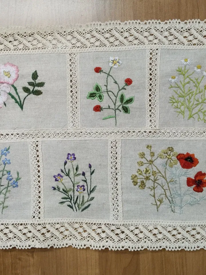 Beautiful table napkin or wall hanging with embroidery flowering herbs, pure, raw, thick, linen. Hand embroidery.
