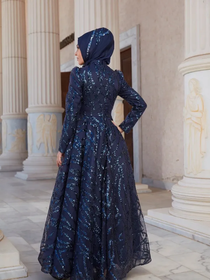 AHUNARE HIJAB - Salkım Navy Blue Embroidered Wedding Dress, Muslim Evening Gown, Nikah, Islamic Wedding, Engagement, Bridesmaid,