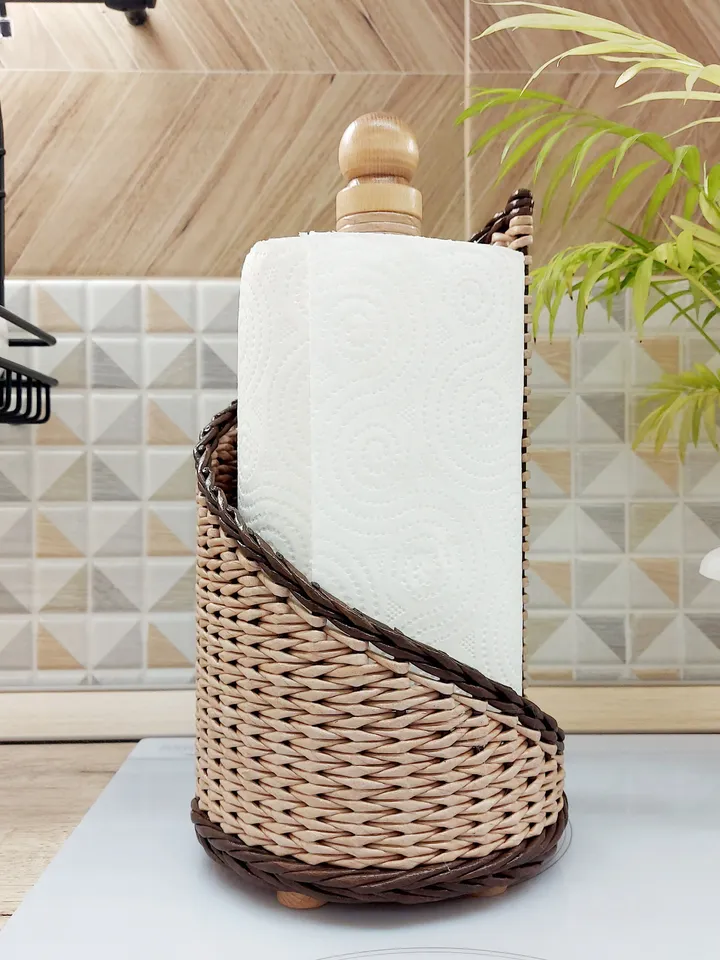 Beige paper towel holder with wooden tip. Wicker handmade holder.