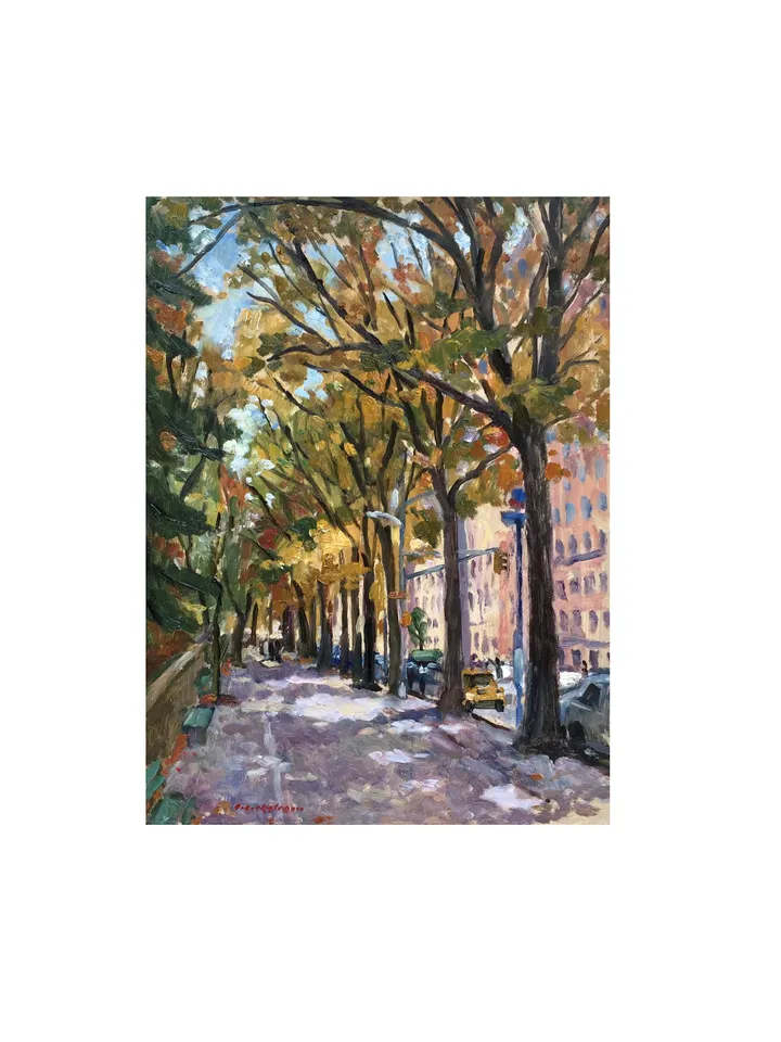 New York City Landscape Painting -Along Central Park West/NYC- 12x16 Oil on Panel, Plein Air Impressionist Cityscape, Signed Original