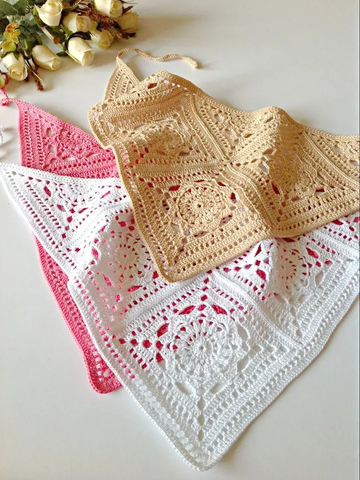 Bandanas kerchiefs openwork crocheted cotton pink