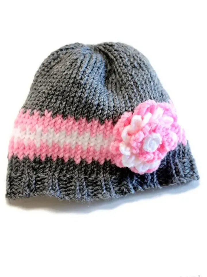 Little Girls Pink and Gray Hat with Flower, Toddler & Child Hats, Birthday or Christmas Gift Ideas for Girls, Sizes: 1-3 years or 4-12 years
