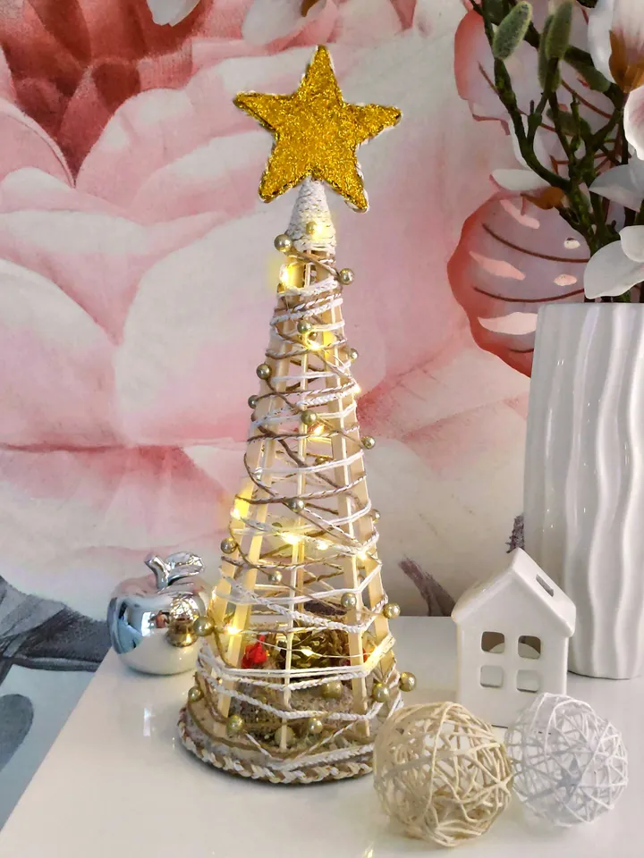 Christmas Tree Mini with LED Lights with Gifts Inside with a Star-Shaped top, Handmade Wonderful gift for Relatives for New Year's Holidays