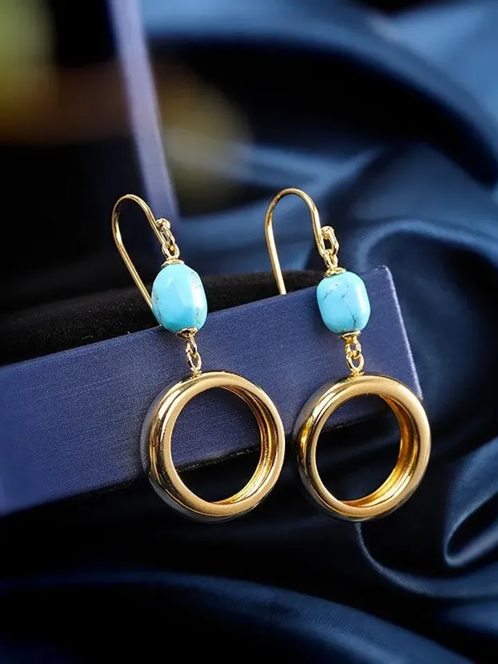 Turquoise Gold Hoop Earrings, Gemstone Hoop Earrings, Turquoise Dangle Hoop Earrings, Bohemian Hoop Earrings, Turquoise Hoop Drop Earrings