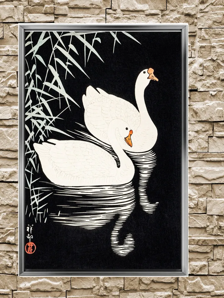 Ukiyo-e Japanese Print - Swan and Reeds Print on Canvas , Floating Frame Option, Modern Wall Art, Extra Large Canvas Wall Art