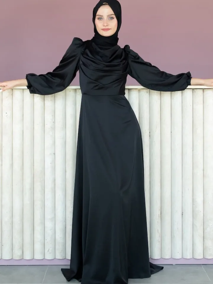 AHUNARE HIJAB - Selvi Dress, Satin Dress, Black Color, Muslim Evening Dress, Nikah, Wedding, Engagement, Bridesmaid, ,
