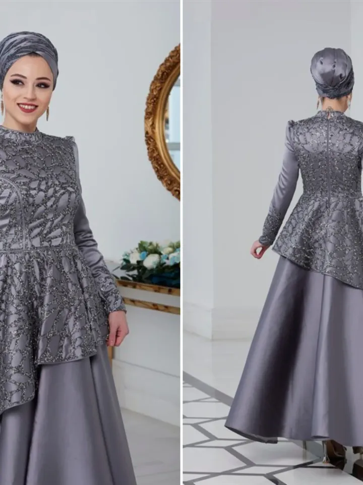 Hürrem Grey Satin Embroidered Ahunare Wedding Dress, Muslim Evening Gown, Nikah, Islamic Wedding, Engagement, Bridesmaid, Maxi Dress