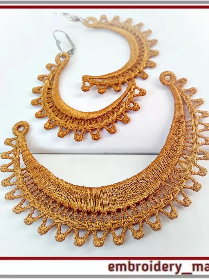 ITH FSL embroidery design earrings and a crescent shaped pendant 2