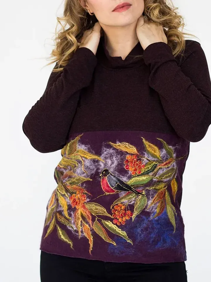 Handmade clothes, Wool felt sweater original design, Sweater bullfinch pattern