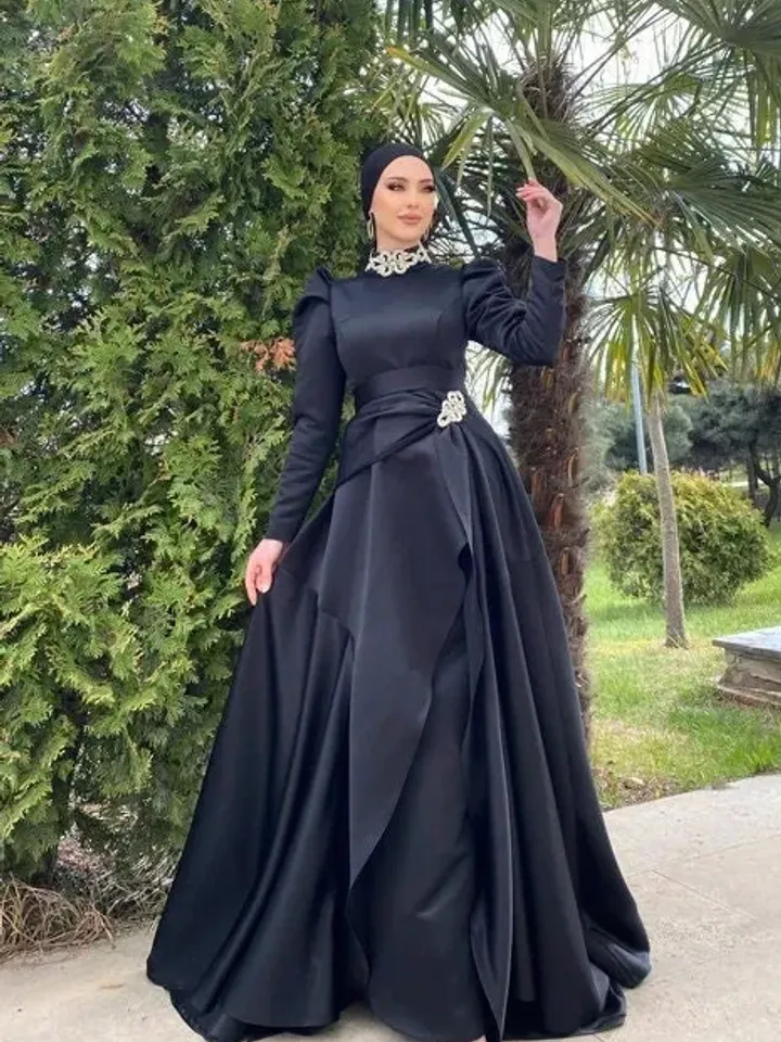 Ahsen Black Satin Tailed Embroidered Ahuanare Wedding Dress, Muslim Evening Gown, Nikah, Islamic Wedding, Engagement, Bridesmaid,