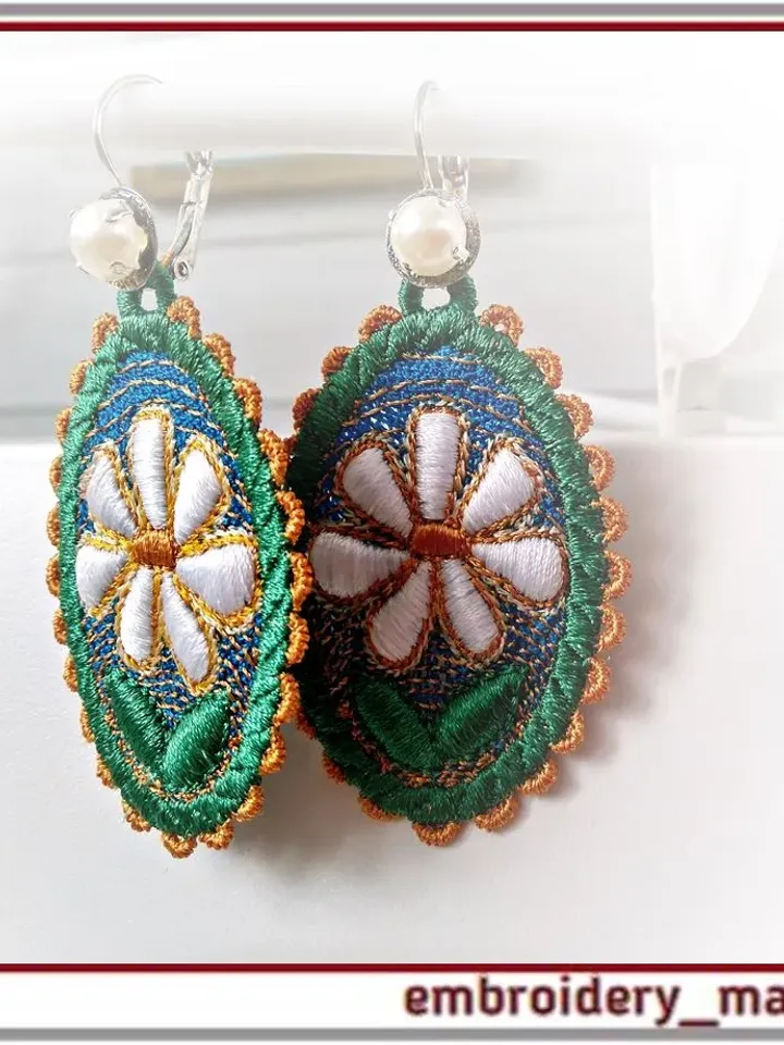 In The Hoop embroidery design oval FSL earrings with chamomile