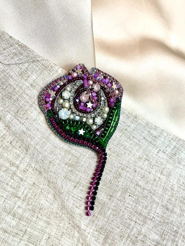 Moon Flower Beaded Brooch, Handmade Embroidered Accessory, Pin Blossom in Pink with Half-moon Crescent, Flower Brooch
