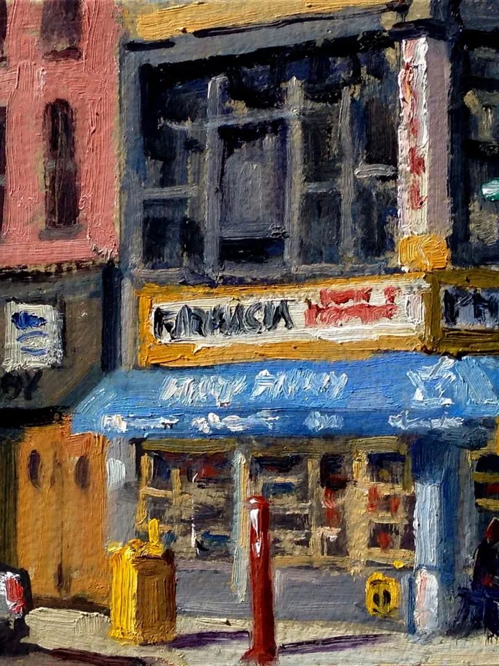 Small New York Cityscape Painting -Farmacia/LES/NYC- 7x7 Oil on Panel, Urban Plein Air Impressionist Fine Art, Signed New York City Original