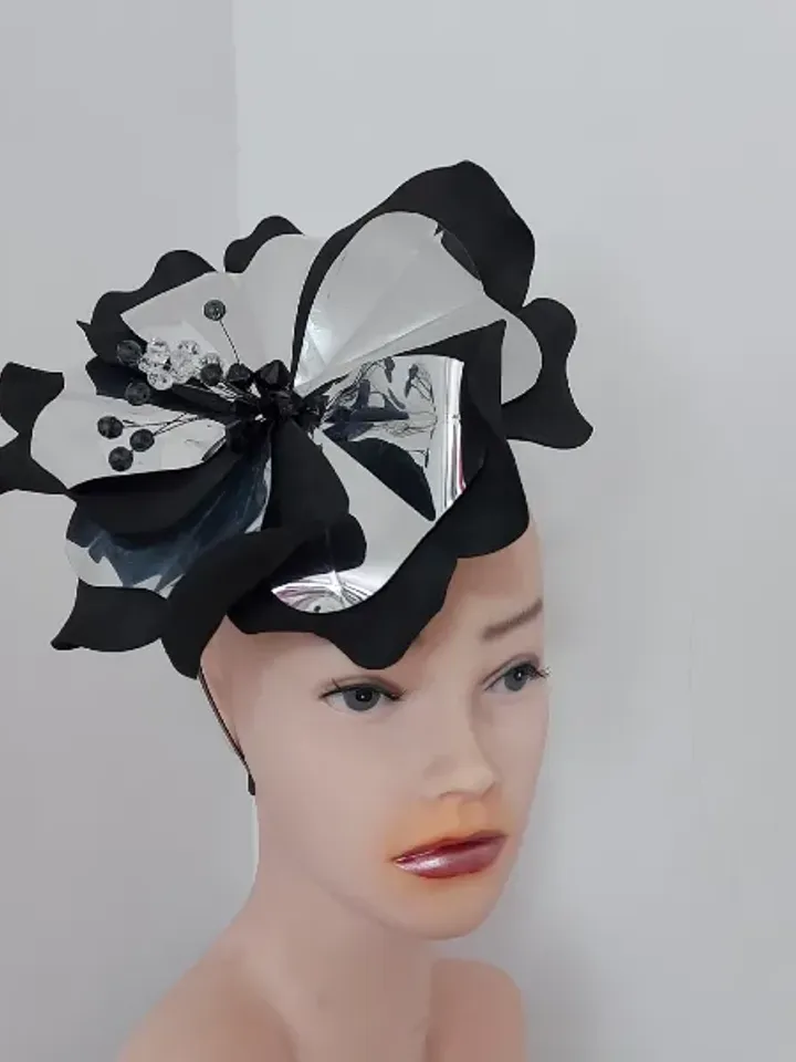Magic black fascinator Derby hat Black petunia and mirror silver Hair clip Mysterious flower Halloween outfit gothic