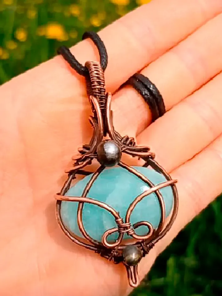 Copper necklace wrapped in wire with amazonite stone, antique style wire pendant, necklace for men, women, amulet