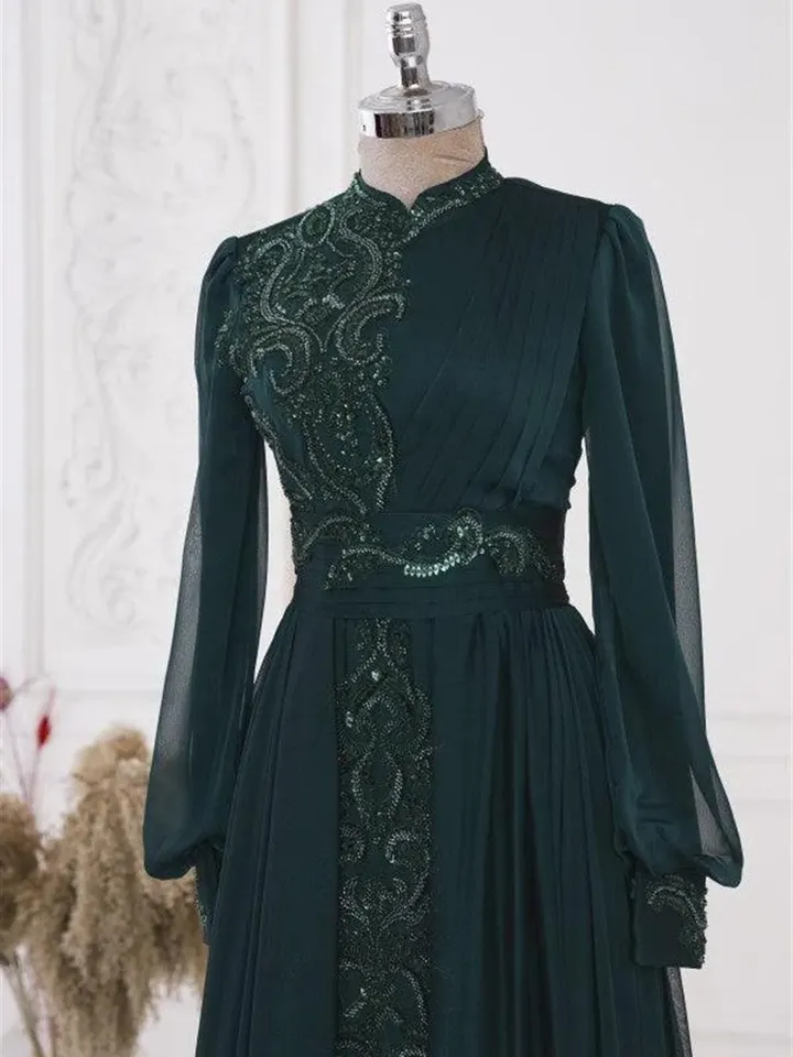 AHUNARE HIJAB - Elit Emerald Chiffon Tailed Wedding Dress, Muslim Evening Gown, Nikah, Islamic Wedding, Engagement, Bridesmaid,