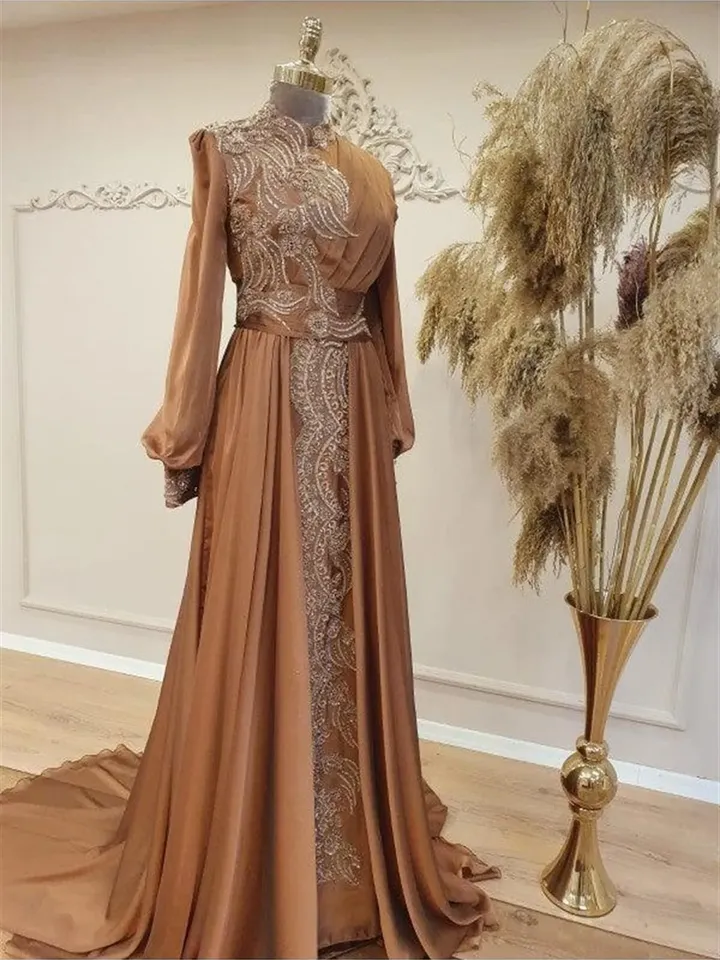 AHUNARE HIJAB - Elit Copper Chiffon Tailed Wedding Dress, Muslim Evening Gown, Nikah, Islamic Wedding, Engagement, Bridesmaid,