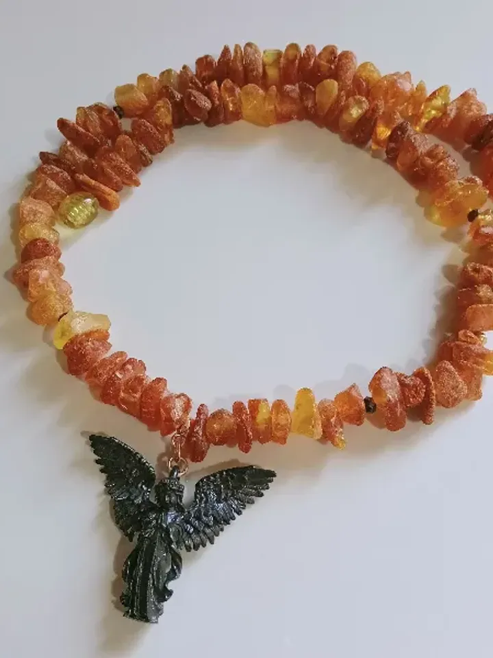 Raw Baltic Amber Necklace with black Angel Pendant Protection Jewelry Spiritual necklace Beaded Healing Stone necklace