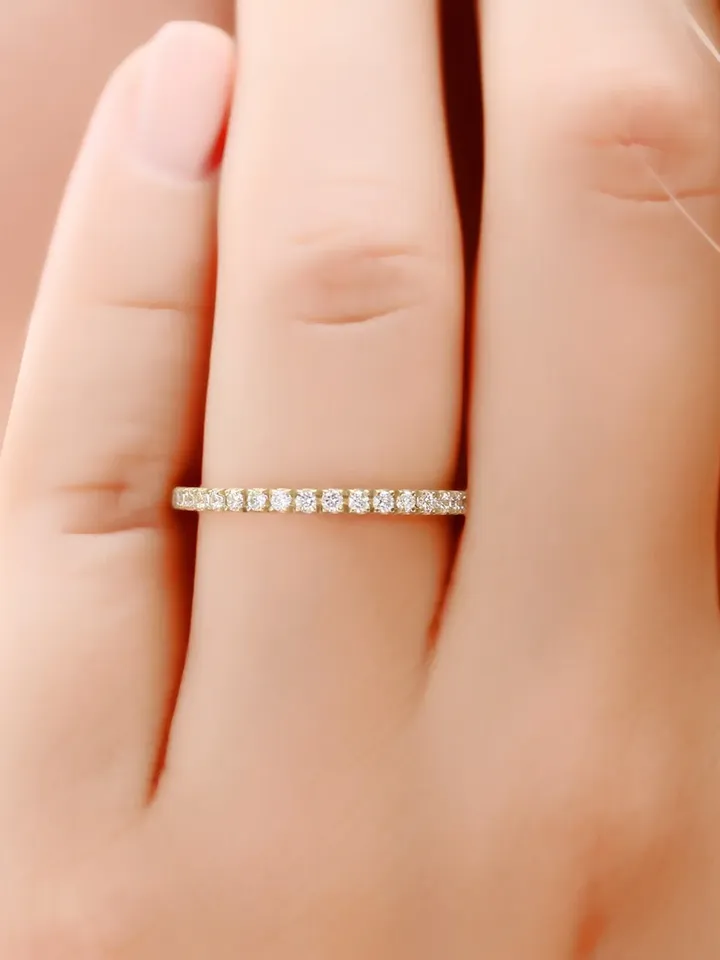 PAVE WEDDING BAND | Women Wedding Diamond Gold Ring | Moissanite Half Eternity Band | Yellow 14k Solid Gold Ring For Anniversary