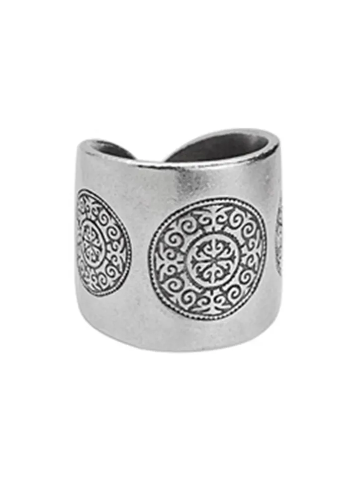 Thick Mandala Ring Antique Silver, Modern Geometric Circles Ring, Bohemian Gipsy Jewelry, Statement Open Band Ring, Contemporary Gifts