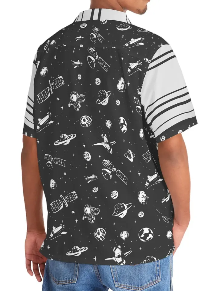 Spaceman Hawaiian Shirt | Short Sleeve Space Hawaiian Aloha Button Shirt, Tropical Christmas Vacation Top, Polyester Summer Beach Gift