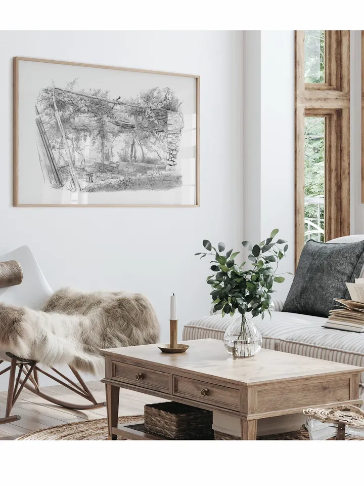 Antique Landscape Sketch, Neutral Farmhouse Vintage Print, Printable Country Scene Art, Downloadable | 378