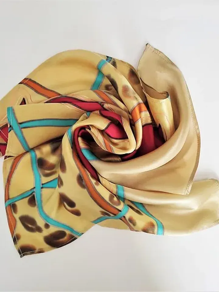 Small square silk neck scarf Red and gold silk scarf hand painted batik