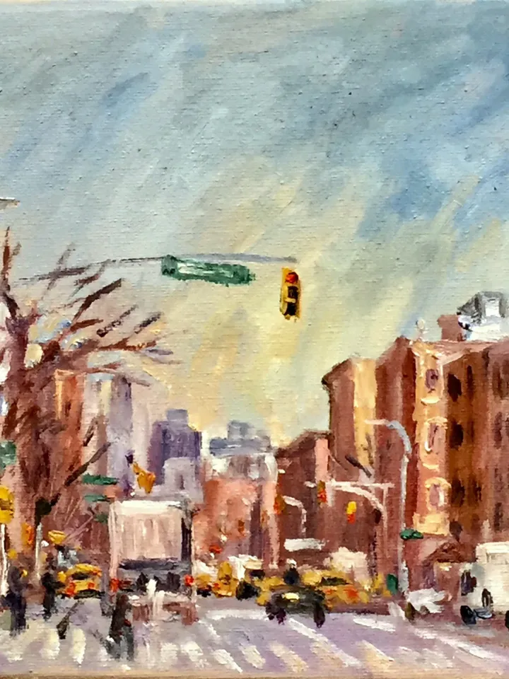 8x10 New York Cityscape Painting - Up First Avenue/East Village - Oil on Canvas, NYC Urban Impressionist Fine Art, Signed Original