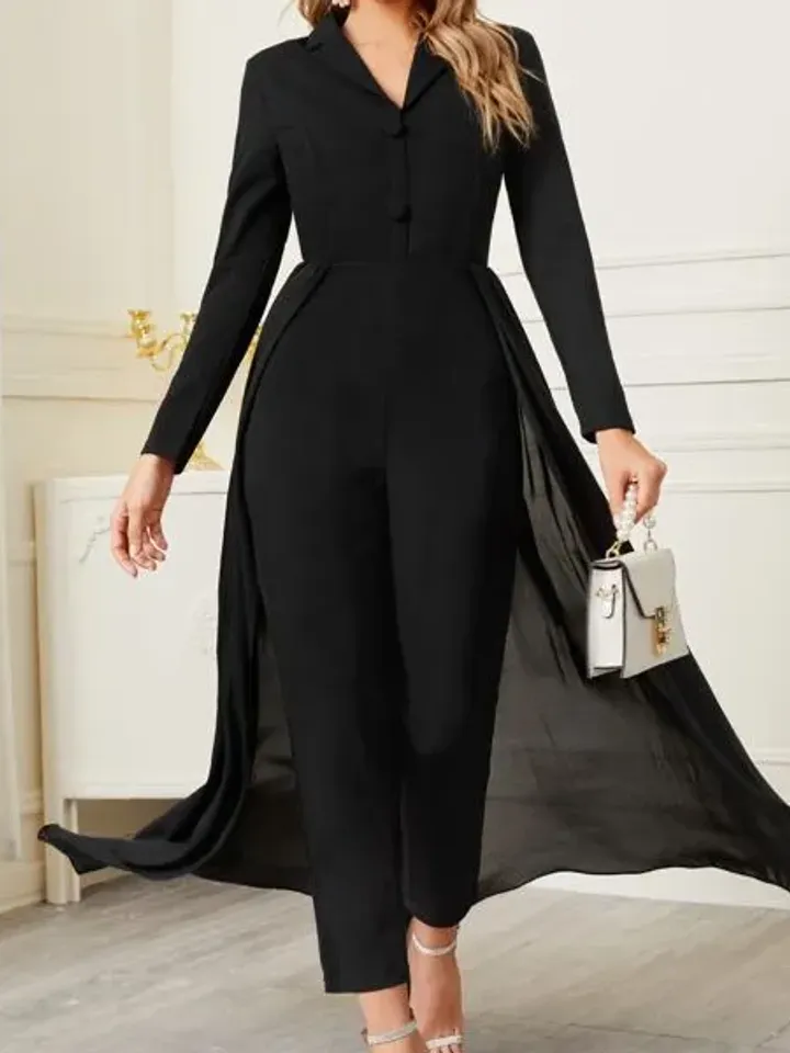 Lapel Collar Long Sleeve Button Front Shirt Jumpsuit With Mesh Skirt 2 Colors