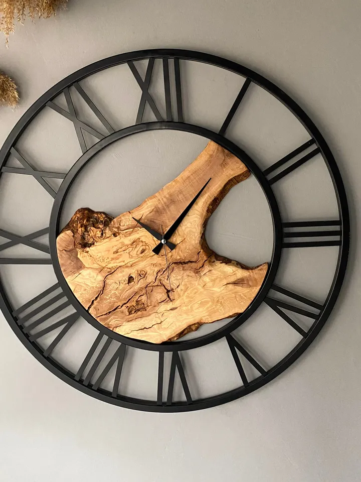 Metal&Olive Wood Wall Clock, 28"(70cm) Unique Wall Clock, Wooden Wall Clock, Live Edge Wall Clock, Farmhouse Clock