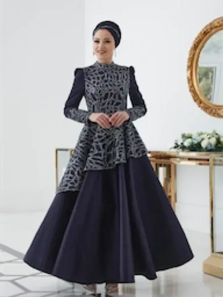 Hürrem Navy Blue Satin Embroidered Ahunare Wedding Dress, Muslim Evening Gown, Nikah, Islamic Wedding, Engagement, Bridesmaid, Maxi Dress